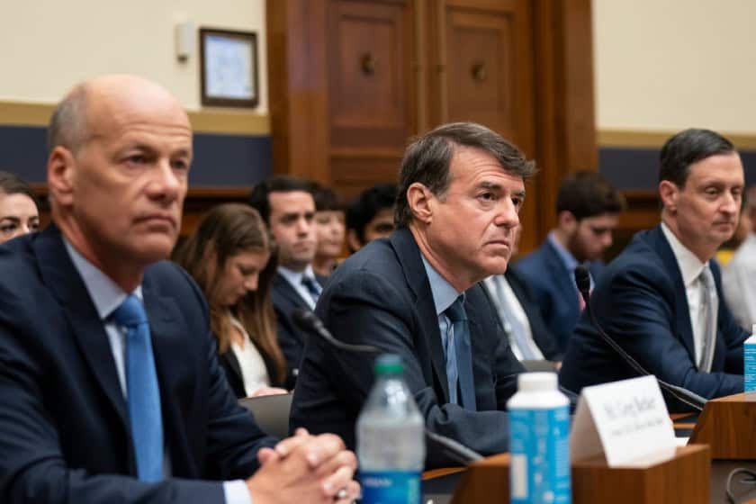 Former Silicon Valley Bank CEO Greg Becker and other bank CEOs appear at a US Houes Financial Services Committee hearing.