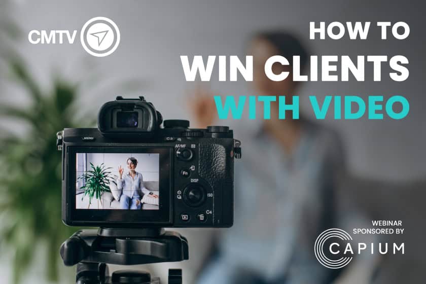 Promotional photo for CMTV. On the left side is a camera and we can see the client waving at the camera from the camera's preview screen. On the top right it says 'How to win clients with video'.