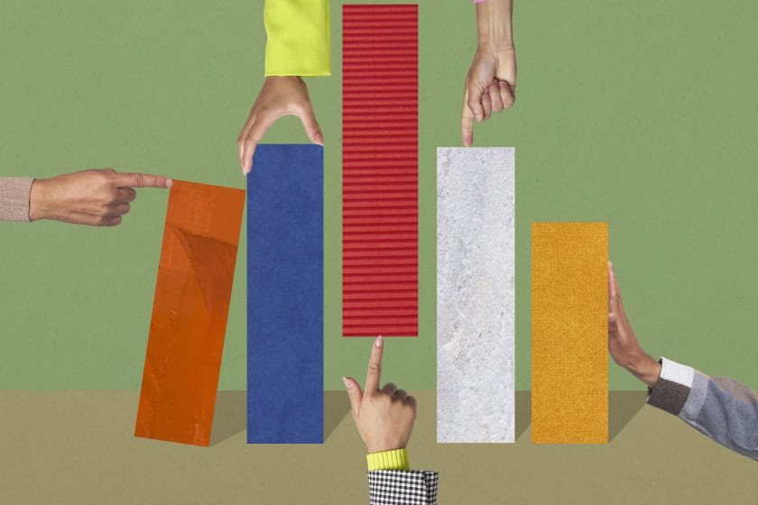 Image of hands interacting with a bar graph. The photo is semi realistic and mixes different styles.