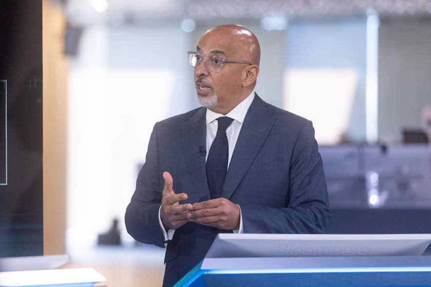 Former UK Chancellor Of The Exchequer Nadhim Zahawi is being interviewed on Bloomberg television. He is speaking, and gesturing with his hand.