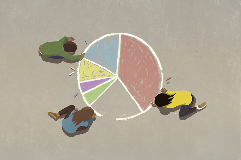 View from above kids coloring pie chart Illustration: view from above of three children colouring in a pie chart with chalk on the ground. One segment of the chart is broken or incomplete.