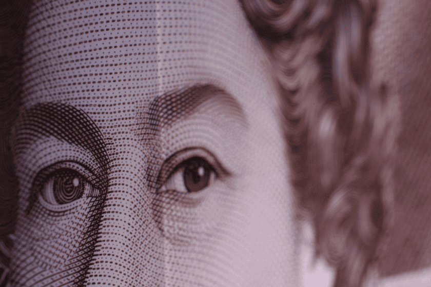 Close up of Queen Elizabeth II’s face on a bank note