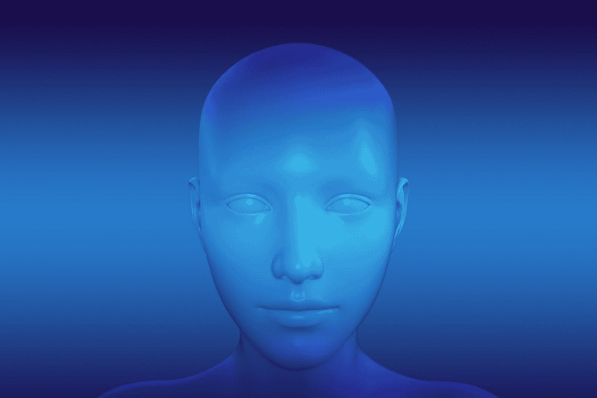 A 3D render of a human head